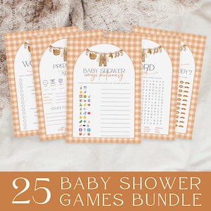 Op de afbeelding: Een bundel van 25 babyshower spellen. De spellen hebben een bruin en wit geruit patroon als achtergrond. Elke spelkaart heeft een decoratieve boog met baby-thema illustraties. De spellen bevatten een woordzoeker, emoji pictionary en advies voor de aanstaande ouders.