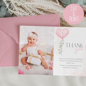 Kleiner Schatz Erster Geburtstag Dankeskartenvorlage, bearbeitbarer rosa Boho-Geburtstags-Dankeschön-Hinweis, druckbares Valentinsfoto-Dankeschön