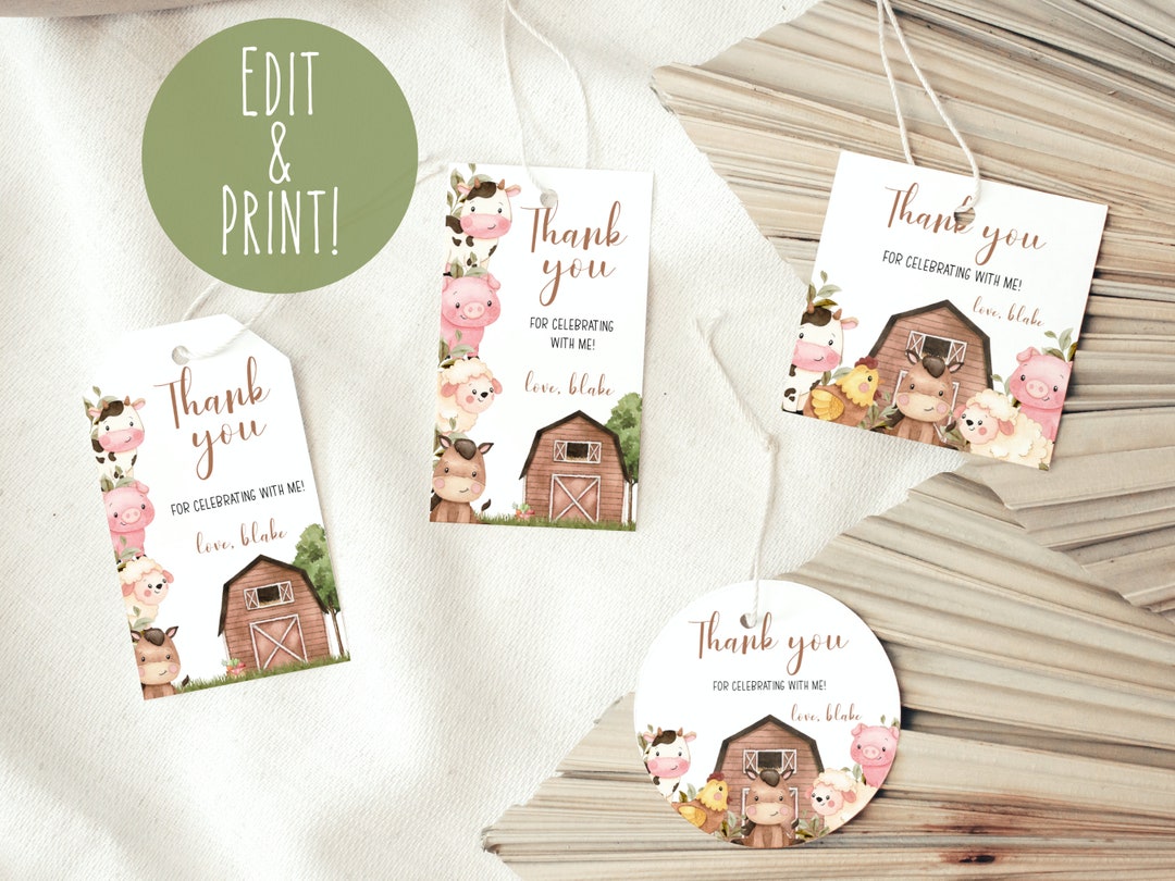Farm Birthday Favor Gift Tags Template, Farm Animals Thank You Tags ...