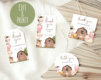 Farm Birthday Favor Gift Tags Template, Farm Animals Thank You Tags, Barnyard Party Favor Tags Printable, Kids Birthday Party Favor Labels