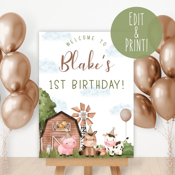 Editable Farm 1st Birthday Welcome Sign Template, Custom Farm Animals Birthday Party Welcome Sign, Printable Kids Birthday Welcome Poster