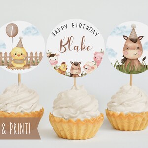 Farm Animals Birthday Cupcake Toppers Template, Printable Barnyard Cupcake Toppers, Happy Birthday Cupcake Toppers, Farm Theme Cupcake Decor