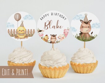 Farm Animals Birthday Cupcake Toppers Template, Printable Barnyard Cupcake Toppers, Happy Birthday Cupcake Toppers, Farm Theme Cupcake Decor