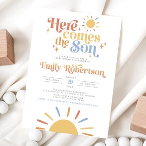 Aquí viene la invitación para baby shower de hijo, invitación digital editable Aquí viene el hijo, invitación para baby shower de niño Aquí viene el sol, Boho Evite