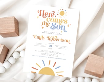 Here Comes the Son Baby Shower Invitation, Editable Here Comes the Son Digital Invite, Here Comes the Sun Boy Baby Shower Invite, Boho Evite