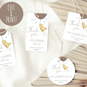 Classic Winnie The Pooh 1st Birthday Tags Template, Printable Winnie The Pooh Party Thank You Tags, Editable Pooh Bear Favor Gift Labels,