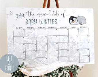 Op de afbeelding: Een printbaar babyshower-spel met een blauw en wit winterthema. Het spel is een kalender met de tekst "raad het aankomstdatum van Baby Winters". Een pinguïnillustratie bevindt zich in de rechterbovenhoek.