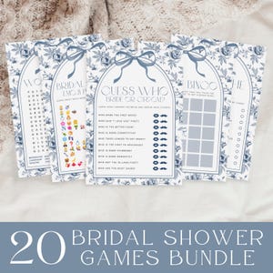 Chinoiserie Bridal Shower Games, Printable Bridal Shower Game Bundle, Dusty Blue Floral Bridal Shower Games, Blue Bow Bridal Shower Game Set