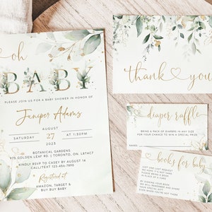May include: A set of four baby shower cards with a green and gold floral design. The cards include an invitation, a thank you card, a diaper raffle card, and a books for baby card. The invitation card says "Oh Baby" and includes the name "Juniper Adams".