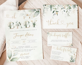 Greenery Baby Shower Invitation Template, Oh Baby Invitation Set, Eucalyptus Baby Shower Invite Printable, Sage & Gold Baby Shower Download