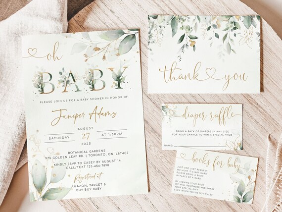 Greenery Baby Shower Invitation Template, Oh Baby Invitation Set, Eucalyptus Baby Shower Invite Printable, Sage & Gold Baby Shower Download