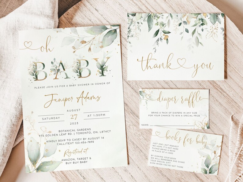 May include: A set of four baby shower cards with a green and gold floral design. The cards include an invitation, a thank you card, a diaper raffle card, and a books for baby card. The invitation card says "Oh Baby" and includes the name "Juniper Adams".