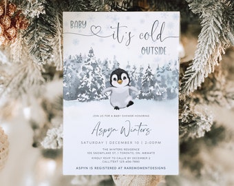 Winter Baby Shower Invitation, Penguin Baby Shower Invitation Template, Baby Its Cold Outside Invitation Digital Download, Arctic Snowflake