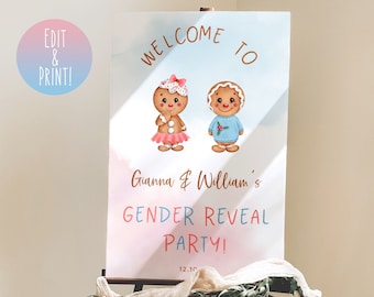 May include: Welcome to Gianna & William's Gender Reveal Party! Sign with a watercolor background and two gingerbread people, one wearing a pink dress and the other wearing a blue shirt.