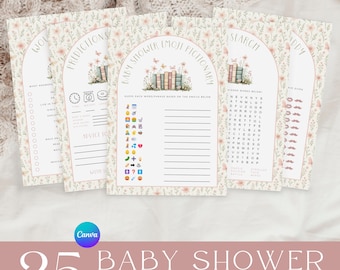 Könnte beinhalten: Ein Set von 25 Babyparty-Spielen mit floralen und Buchillustrationen. Die Spiele umfassen Vorhersagen, Emoji-Pictionary und Wortsuchrätsel. Die Karten haben eine weiche, pastellfarbene Farbpalette. Das Wort "Canva" ist sichtbar.