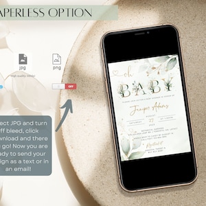 May include: A digital invitation for a baby shower with a green and gold floral design. The invitation says "Oh Baby" and includes the name "Jeniper Alarms", the date "August 27, 2025", and the time "1:00PM". The invitation also includes the location "Botanical Gardens, 715 Golden Leaf Rd, Toronto, ON, L4Y 1C4".
