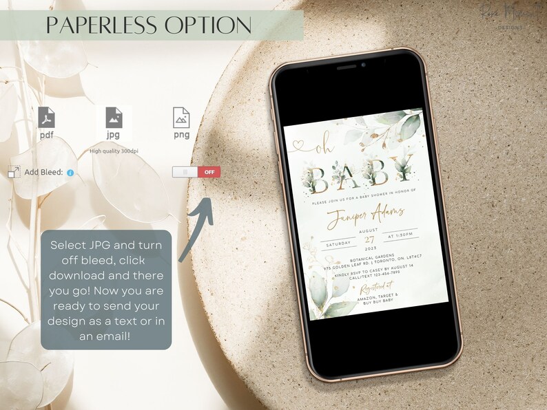 May include: A digital invitation for a baby shower with a green and gold floral design. The invitation says "Oh Baby" and includes the name "Jeniper Alarms", the date "August 27, 2025", and the time "1:00PM". The invitation also includes the location "Botanical Gardens, 715 Golden Leaf Rd, Toronto, ON, L4Y 1C4".