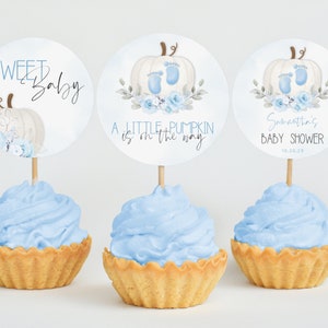 Blue Pumpkin Baby Shower Cupcake Toppers, Fall Baby Shower Cup Cake Topper Templates, Printable Dessert Toppers, Little Pumpkin Shower Decor