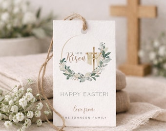 He Is Risen Gift Tag, Editable Religious Easter Gift Tags, Printable Easter Favor Tag, Cross LDS Instant Download, Church Gift Labels, Canva