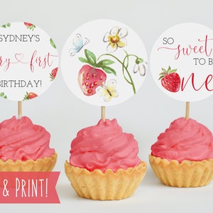 Berry First Birthday Cupcake Toppers Template, Strawberry 1st Birthday, Printable Berry Cupcake Picks, Berry 1st Birthday Small Cake Toppers image 1