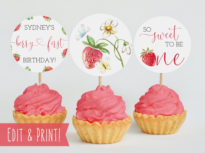 Berry First Birthday Cupcake Toppers Template, Strawberry 1st Birthday, Printable Berry Cupcake Picks, Berry 1st Birthday Small Cake Toppers image 1