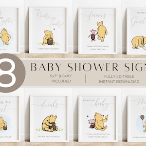 Paquete clásico de letreros de baby shower de Winnie The Pooh, letreros de baby shower de Winnie The Pooh, libro de visitas, los bebés son dulces, favores, fotomatón