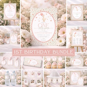 One Silly Goose Invitation Bundle, Vintage One Silly Goose Birthday, Pink One Silly Goose Bundle, Silly Goose Party Decor, Girl 1st Birthday image 1