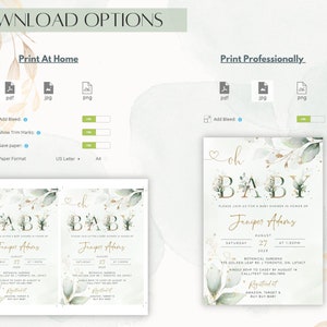 May include: A printable baby shower invitation with a green and gold floral design. The invitation says "Oh Baby" and includes the name "Jeniper Adams" and the date "August 27, 2023".