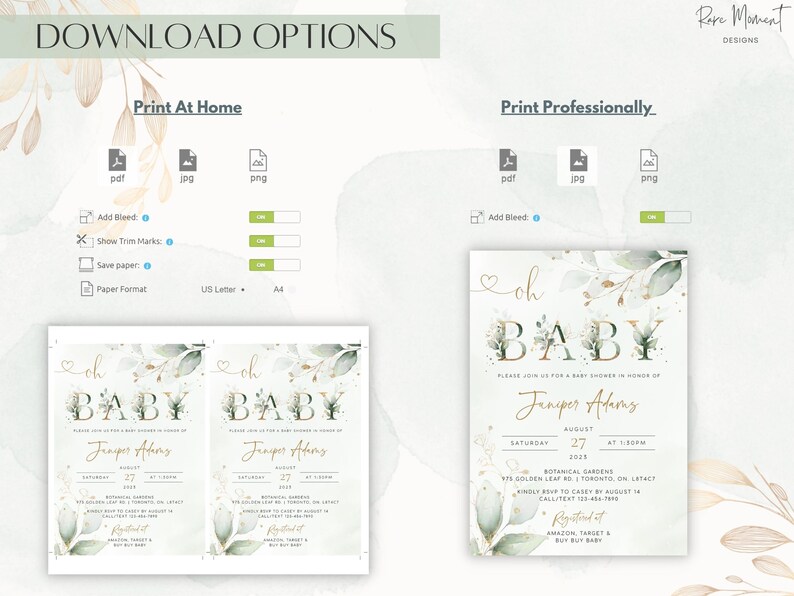 May include: A printable baby shower invitation with a green and gold floral design. The invitation says "Oh Baby" and includes the name "Jeniper Adams" and the date "August 27, 2023".