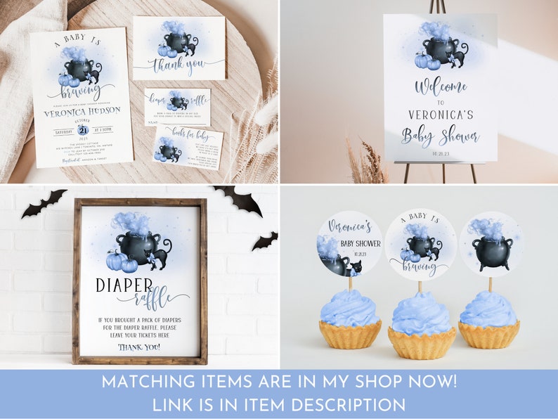 K&ouml;nnte beinhalten: Ein Satz druckbarer Babyparty-Dekorationen mit einer schwarzen Katze und einem Kessel mit blauen und wei&szlig;en Aquarell-Akzenten. Der Text auf den Einladungen lautet "Ein Baby braut sich zusammen" und "Veronicas Babyparty".