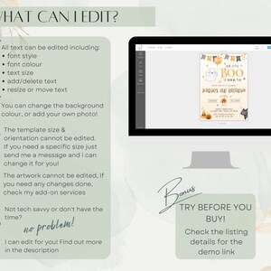 May include: A digital design template for a Halloween party invitation featuring a cute ghost with a pumpkin and a black cat. The text on the invitation reads "It's a BOO!" and "Join us for Birthday Fun". The template is customizable with editable text, font style, color, and background.