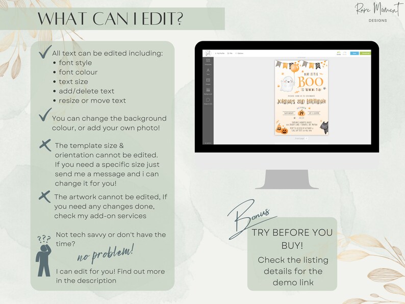 May include: A digital design template for a Halloween party invitation featuring a cute ghost with a pumpkin and a black cat. The text on the invitation reads "It's a BOO!" and "Join us for Birthday Fun". The template is customizable with editable text, font style, color, and background.