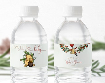 Winter Winnie The Pooh Baby Shower Water Bottle Labels, Christmas Baby Shower Editable Labels, Winnie-The-Pooh Water Bottle Label Template