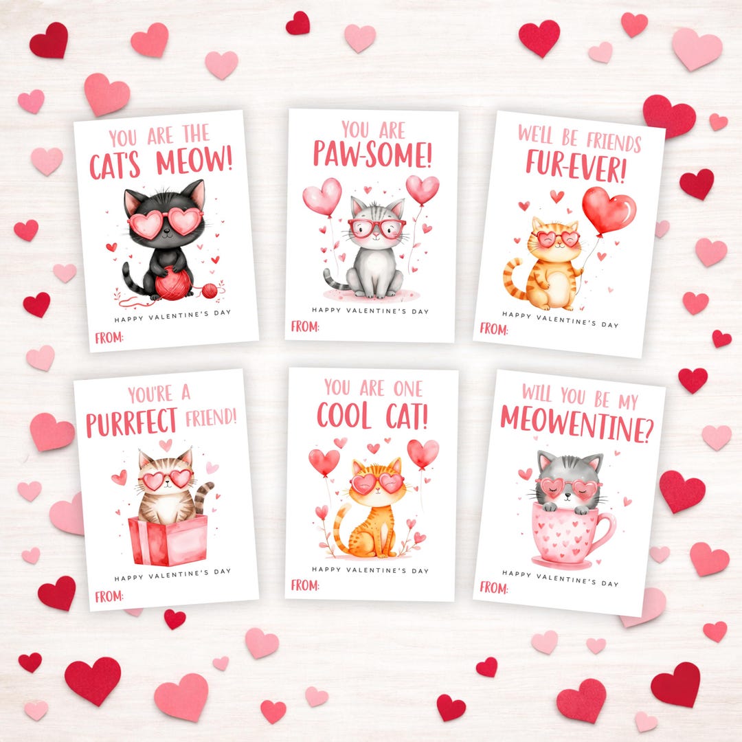 Printable Cat Valentine's Day Cards, Kitten School Valentine Gift Tags ...