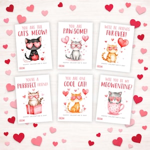 May include: Six Valentine's Day cards with cat illustrations and pun-based phrases. Each card features a different cat design, heart-shaped glasses, and heart balloons. Phrases include "You are the cat's meow!" and "You are paw-some!" Red and pink heart confetti surrounds the cards.