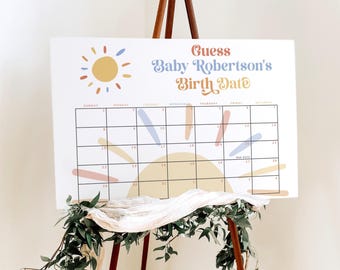 Here Comes the Son Baby Shower Guess the Due Date Sign, Sun Baby Shower Guess the Arrival Calendar, Boho Baby Predictions, Canva Template