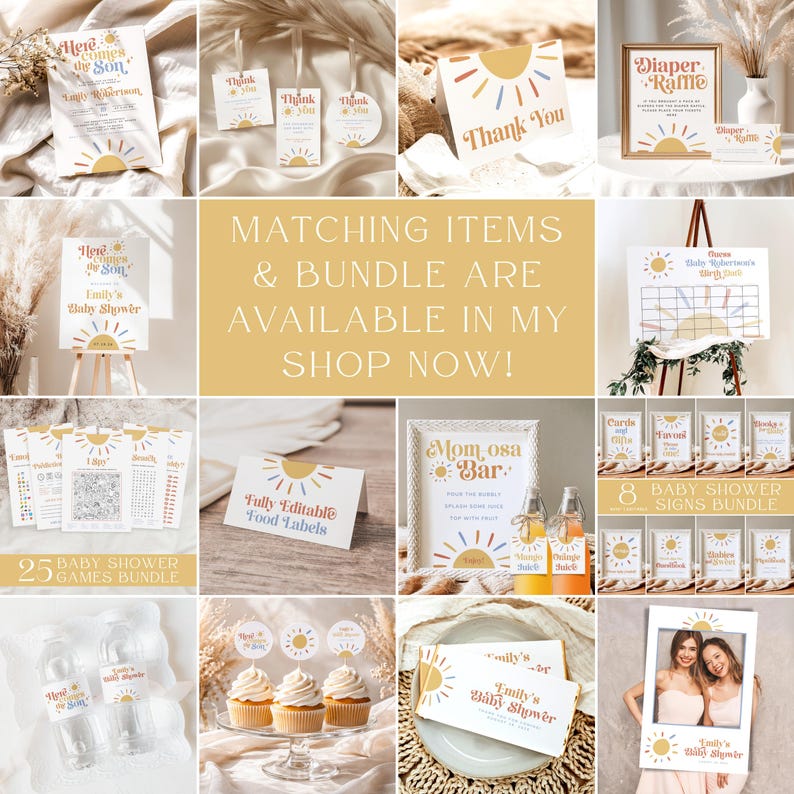 Sun Baby Shower Games Bundle, Here Comes the Son Baby Shower Games, Printable Boho Baby Shower Games Pack, Sunshine Shower Activity, Canva image 2