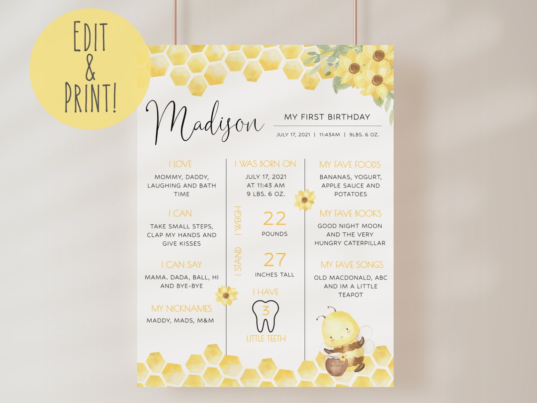 1st Bee Day Milestone Sign, Editable Bee 1st Birthday Milestones Board ...