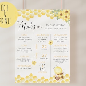 1e Bee Day mijlpaal teken, bewerkbare Bee 1e verjaardag mijlpalen Board, Bee 1e verjaardag Baby's eerste jaar teken, afdrukbare Bee mijlpalen