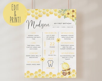May include: A yellow and white printable first birthday milestone poster with a bee illustration. The poster features the name Madison, the date 17th July 2021, and details about the child's first year, including weight, height, favourite foods, books, and songs.