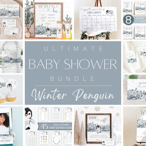 Winter Baby Shower Bundle, Winter Penguin Baby Shower Invitation Bundle, Baby Its Cold Outside Printable Kit, Arctic Penguin Baby Shower Set
