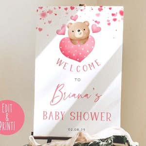 Valentines Day Baby Shower Welcome Sign, A Little Sweetheart Is On The Way Baby Shower Sign, Editable Girl Teddy Baby Shower Welcome Poster