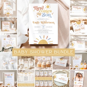 Here Comes the Son Baby Shower Bundle, Sun Baby Shower Invitation Bundle, Boho Boy Baby Shower Invite Set, Sunshine Baby Shower Sign & Decor