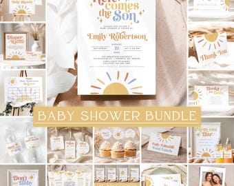 Here Comes the Son Baby Shower Bundle, Sun Baby Shower Invitation Bundle, Boho Boy Baby Shower Invite Set, Sunshine Baby Shower Sign & Decor