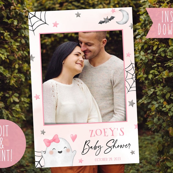 A Little Boo Baby Shower Photobooth Frame Template, Printable Baby Shower Selfie Frame, Pink Halloween DIY Photobooth Prop, Digital Download