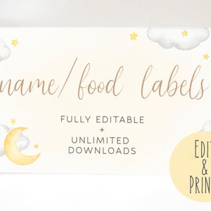 Étiquettes de nourriture de douche de bébé de lune et d'étoiles, cartes imprimables de place de douche de bébé, cartes de tente de nourriture de douche de Twinkle Little Star, cartes de buffet d'étoiles