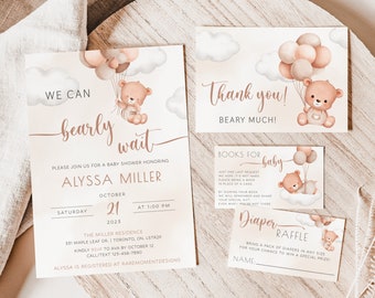 Teddy Bear Baby Shower Invitation, We Can Bearly Wait Baby Shower Invitation, Editable Bear Baby Shower Evite, Teddy Bear Digital Invite