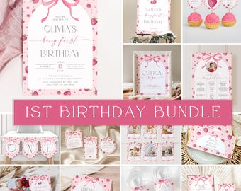 Berry First Birthday Bundle, 1st Girl Birthday Invitation Bundle, Strawberry 1st Birthday Invite Decor Signs Favors, Printable Berry Invite