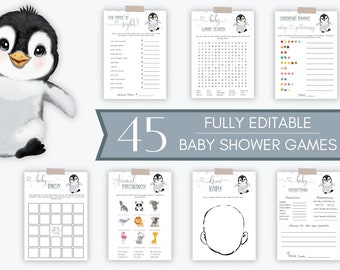 May include: A set of 45 printable baby shower games featuring a penguin theme. The games include "The Price is Right", "Word Search", "Children's Books Image Dictionary", "Baby Bingo", "Animal Pregnancy", "Draw Baby", and "Baby Predictions".