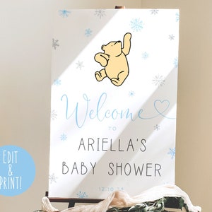 Classic Winnie The Pooh Baby Shower Welcome Sign, Printable Winnie The Pooh Winter Baby Shower Sign, Blue Baby Boy Pooh Bear Welcome Poster